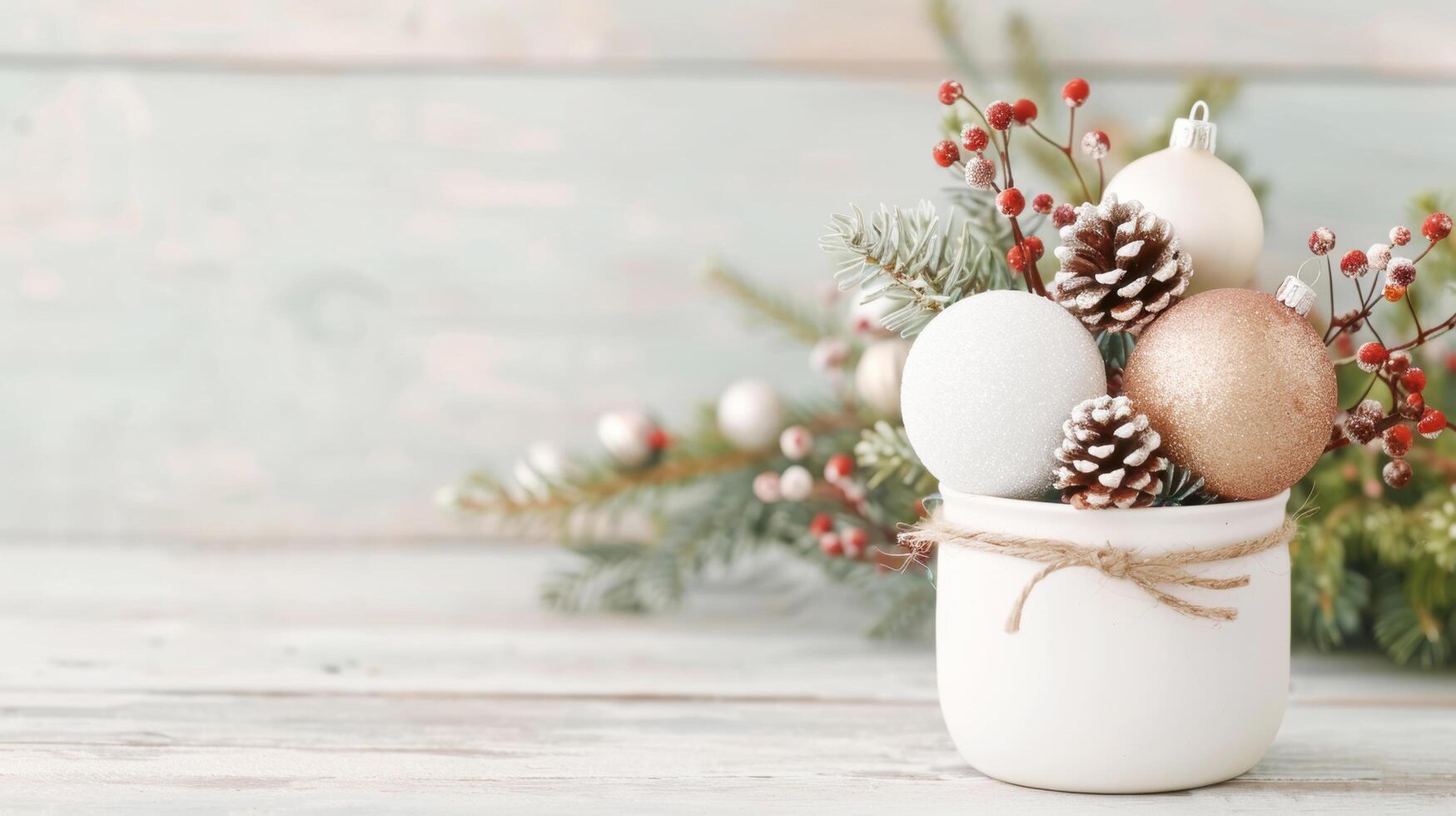 White with golden ball and pine cone in jar decorated with pine leaf and cherry branch on blue wooden floor on celebration christmas festival holiday photo