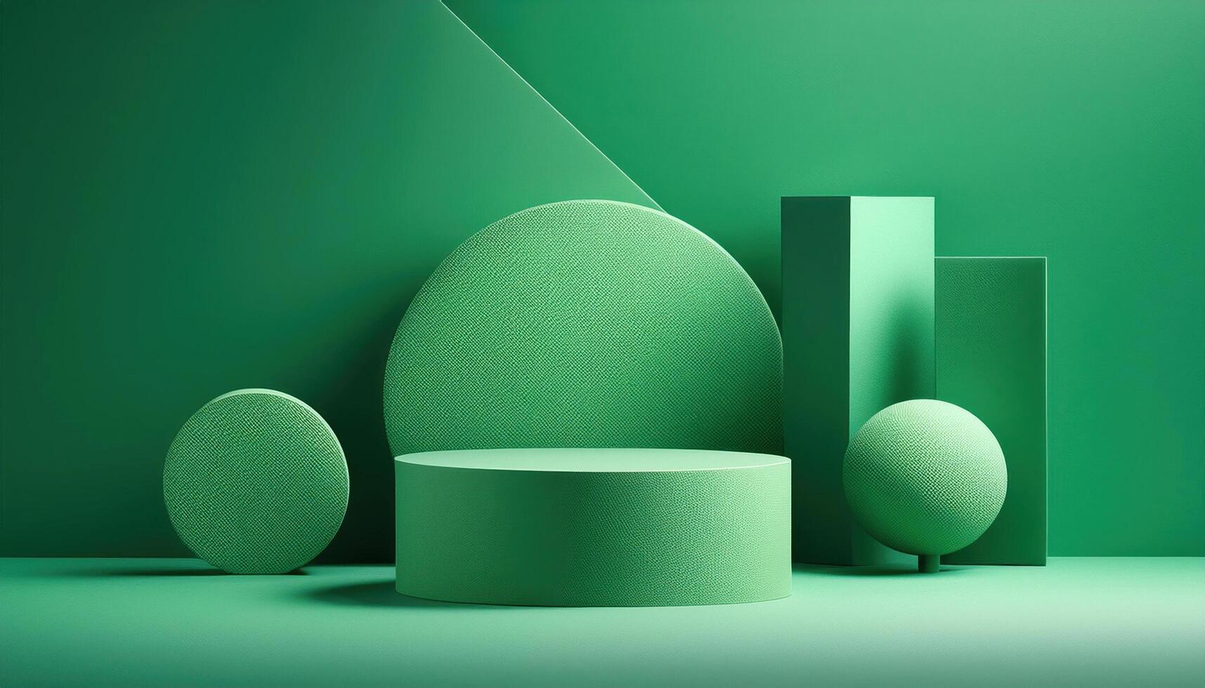 3d rendering green podium platform for social media cosmetic product showcase on geometric cylinder and rectangle shapes greenery background in studio. christmas holiday photo