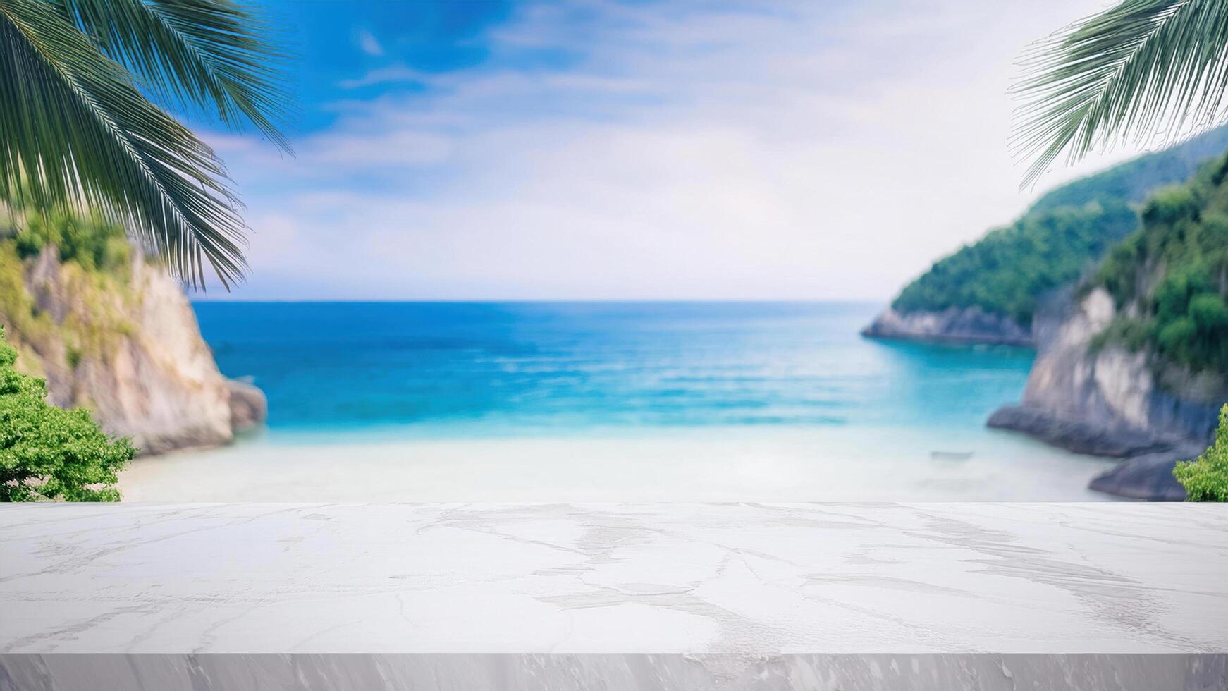 3d rendering white marble stone podium platform for cosmetic product showcase. Geometric cylinder shapes on sand beach with tropical palm leaf in natural sunlight and blue sky for sea concept photo