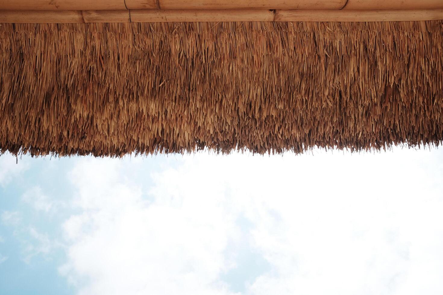 Vintage dry thatched roof eaves and palm leaves of house and pavilion with cloud and sky photo