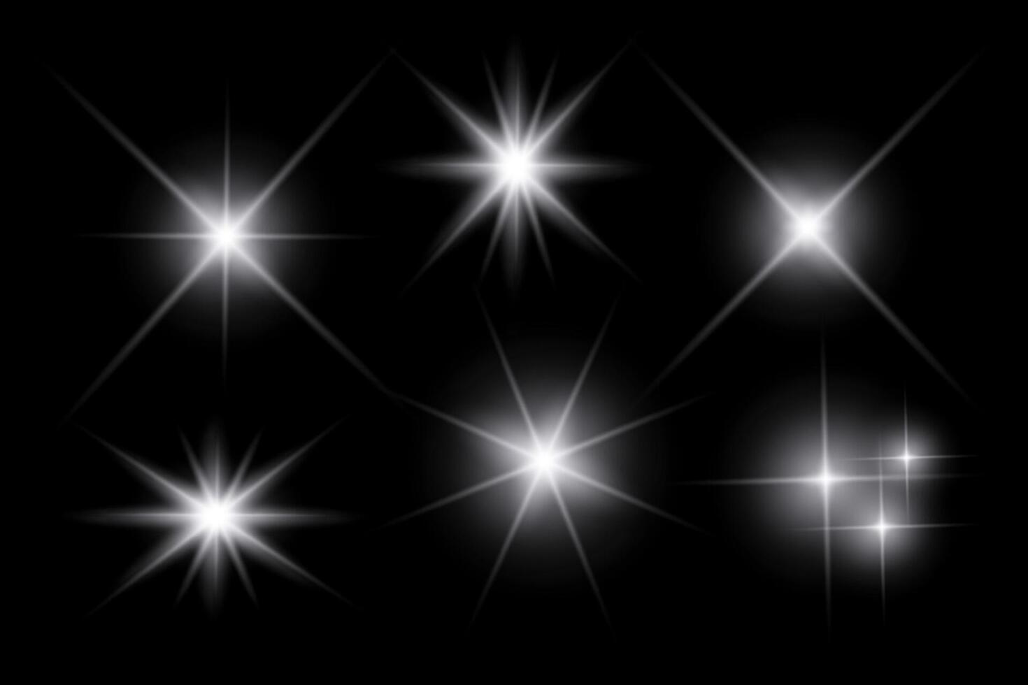 White sparkle lights, light effects, sunlight lens flare, ray beams, sparkling starsicon on black background. vector