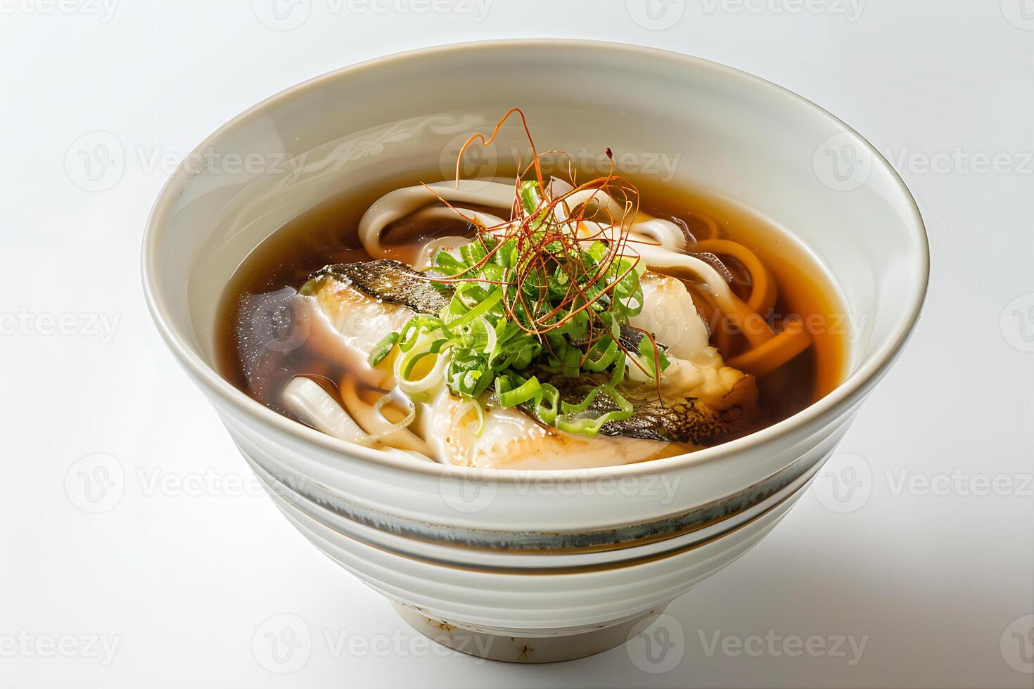 Mackerel and udon miso soup with crispy chilli photo
