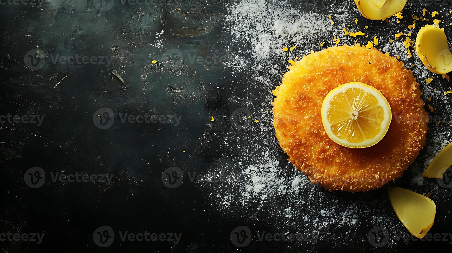 Top view of Argentinian milanesa with lemon, using the rule of thirds, with ample copy space, crispy and zesty, high-quality image photo