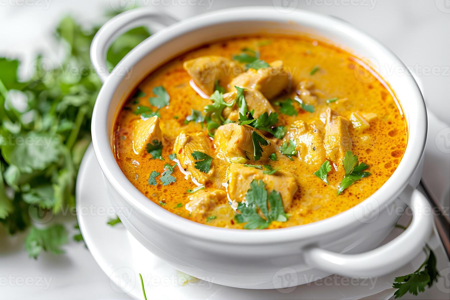 Mulligatawny soup with spicy chicken soup in a bowl photo