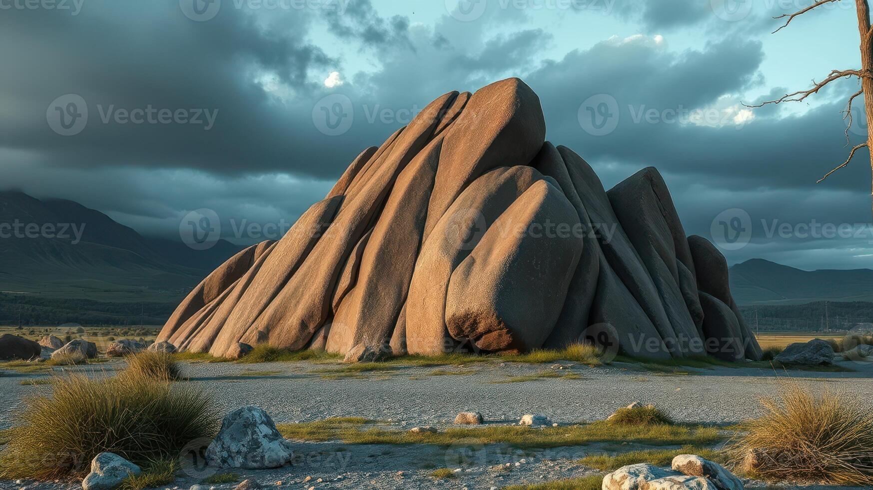 A rock formation in the middle of a desert photo