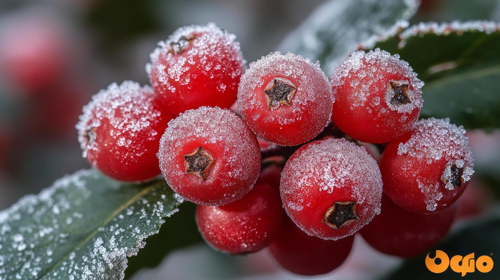 Red berries covered in frost on a tree photo