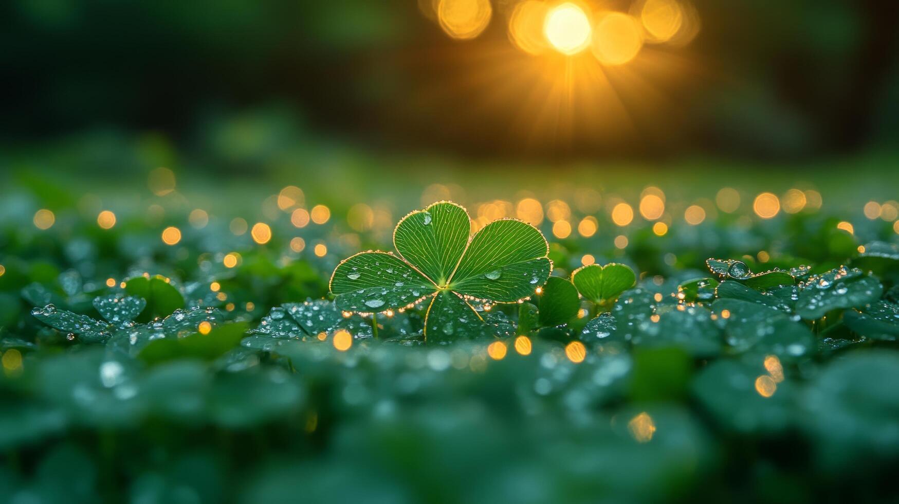 Four leaf clover in the morning dew on the grass photo