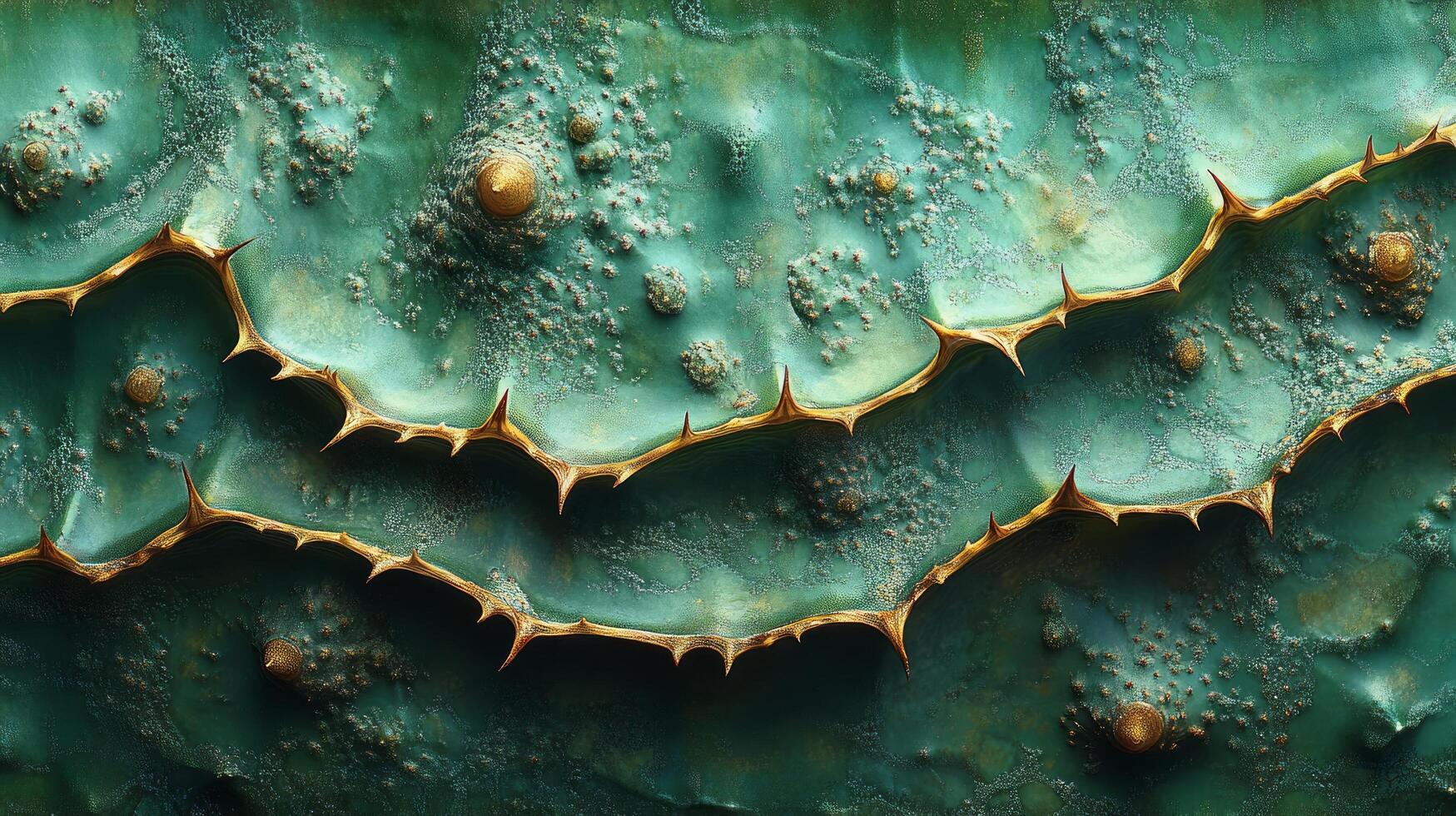 A close up of the green and gold paint on a wall photo