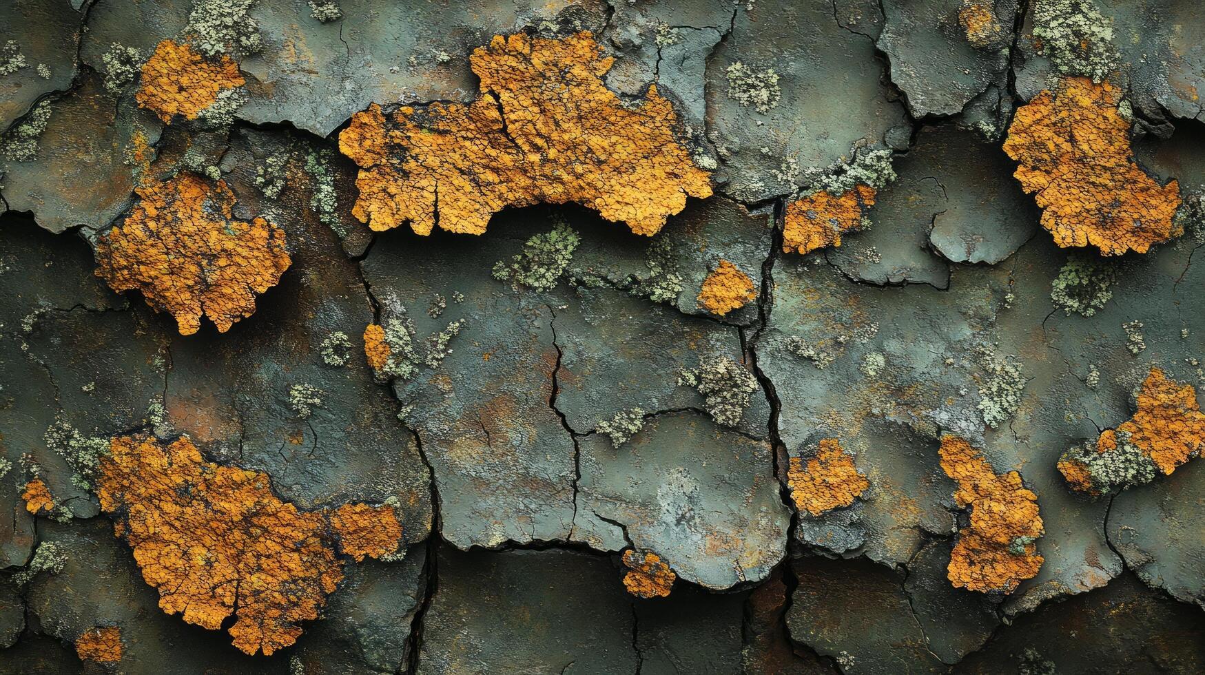 A close up of the bark of a tree with yellow and orange lichen photo