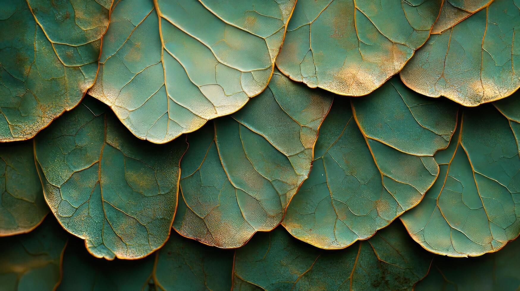 A close up of a green leaf with gold paint photo