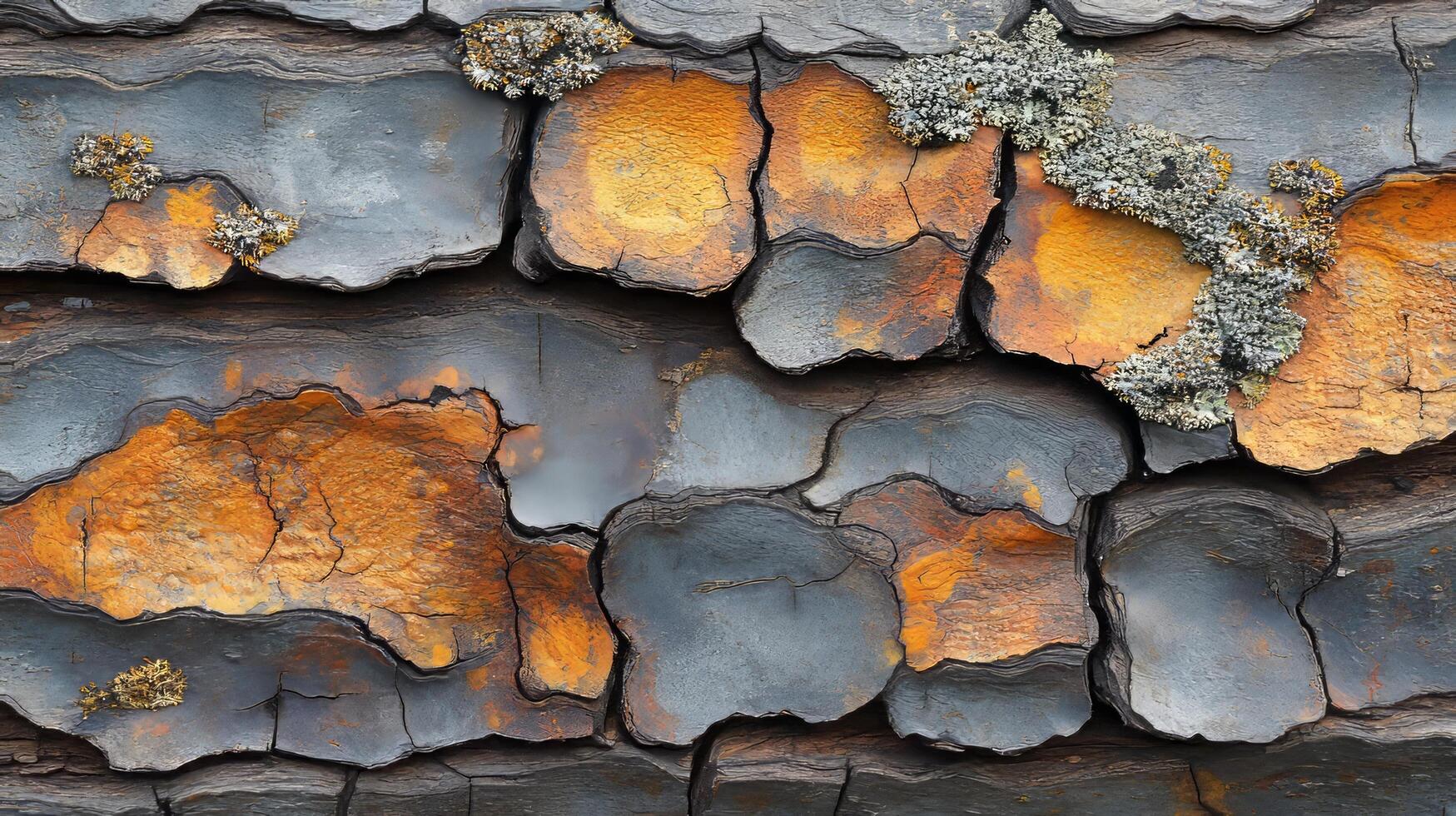 A close up of a burnt wood with orange and yellow paint photo