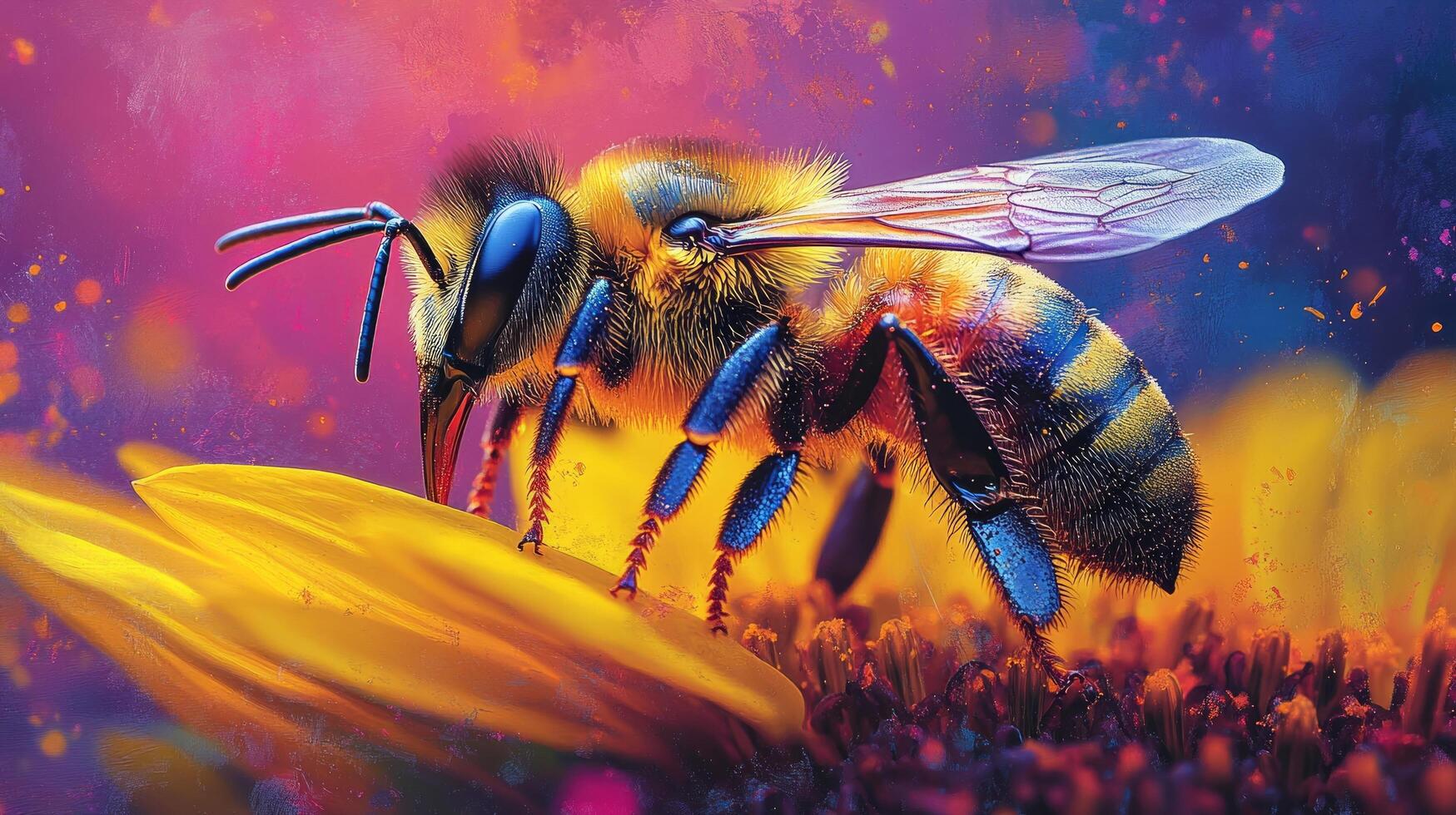 Bee on yellow flower with colorful background photo