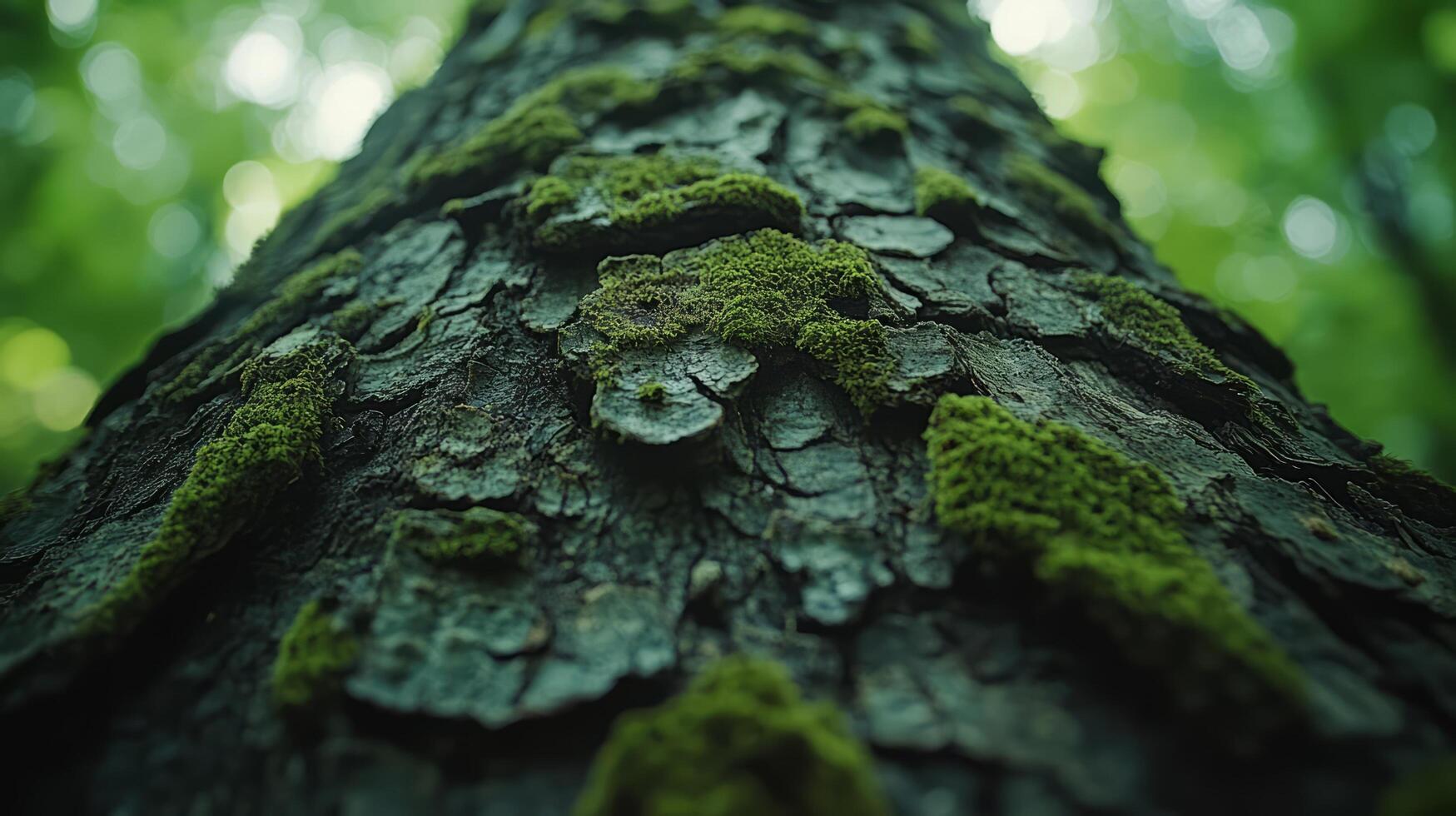 A close up view of a tree trunk with green moss photo