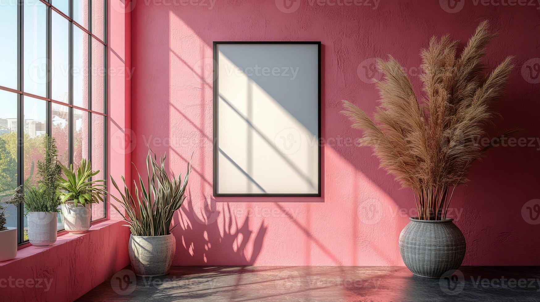 A pink room with a large window and plants photo
