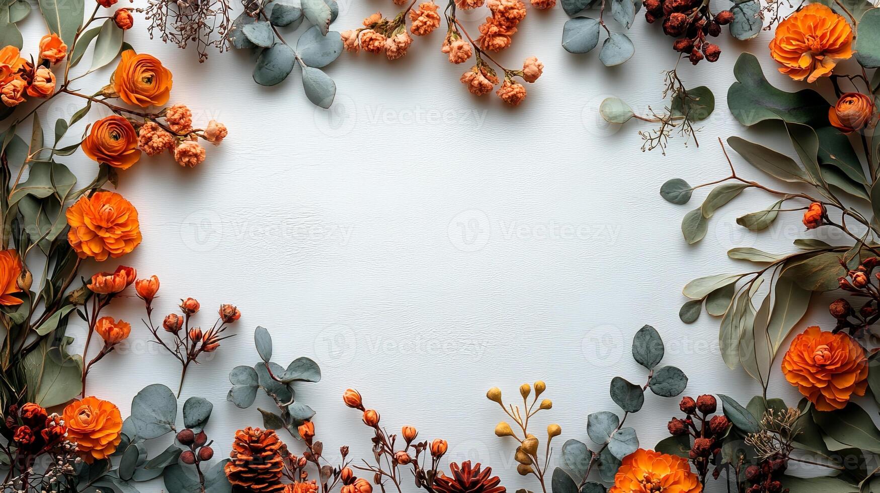 Autumn floral frame with orange flowers and leaves on white background photo