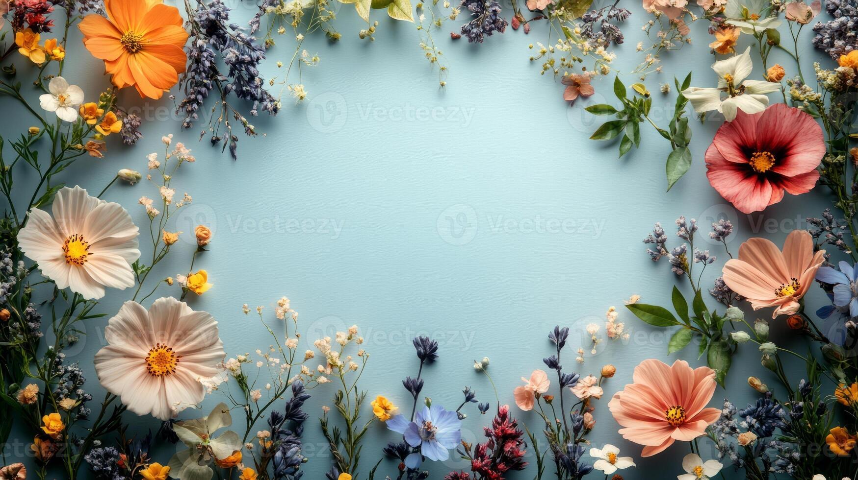 Flowers on blue background with copy space photo
