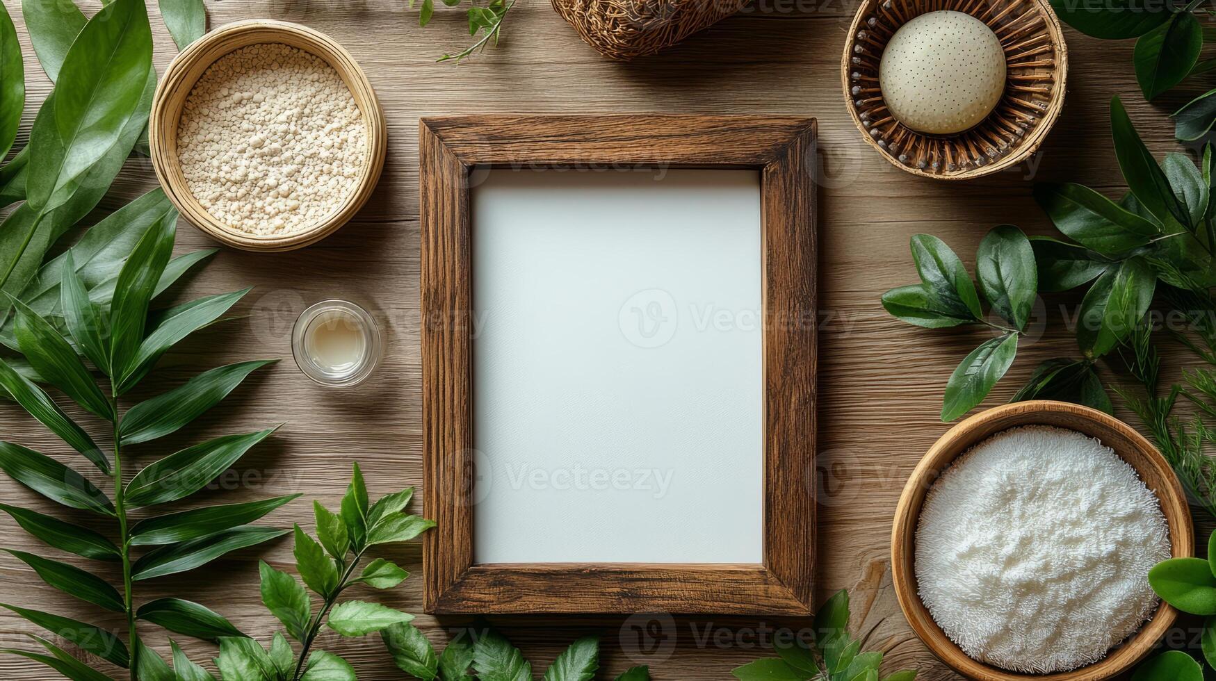 Photo of a wooden frame with white paper and green leaves on a wooden table