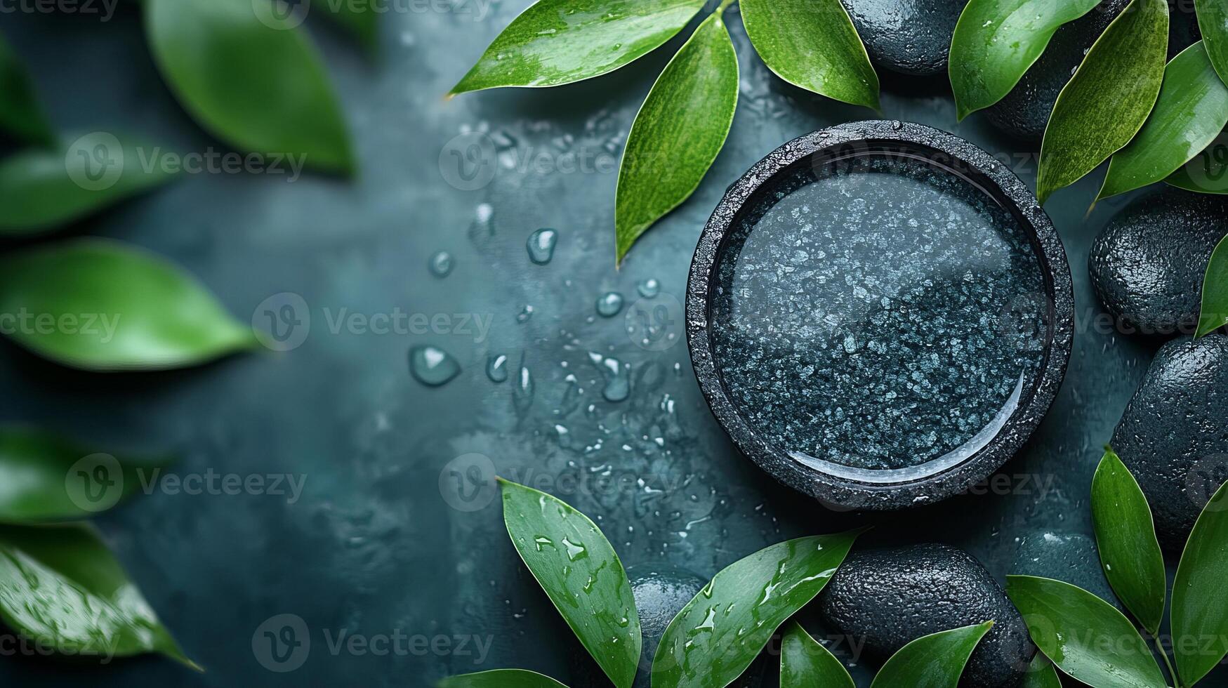 Spa stones and green leaves on a dark background photo