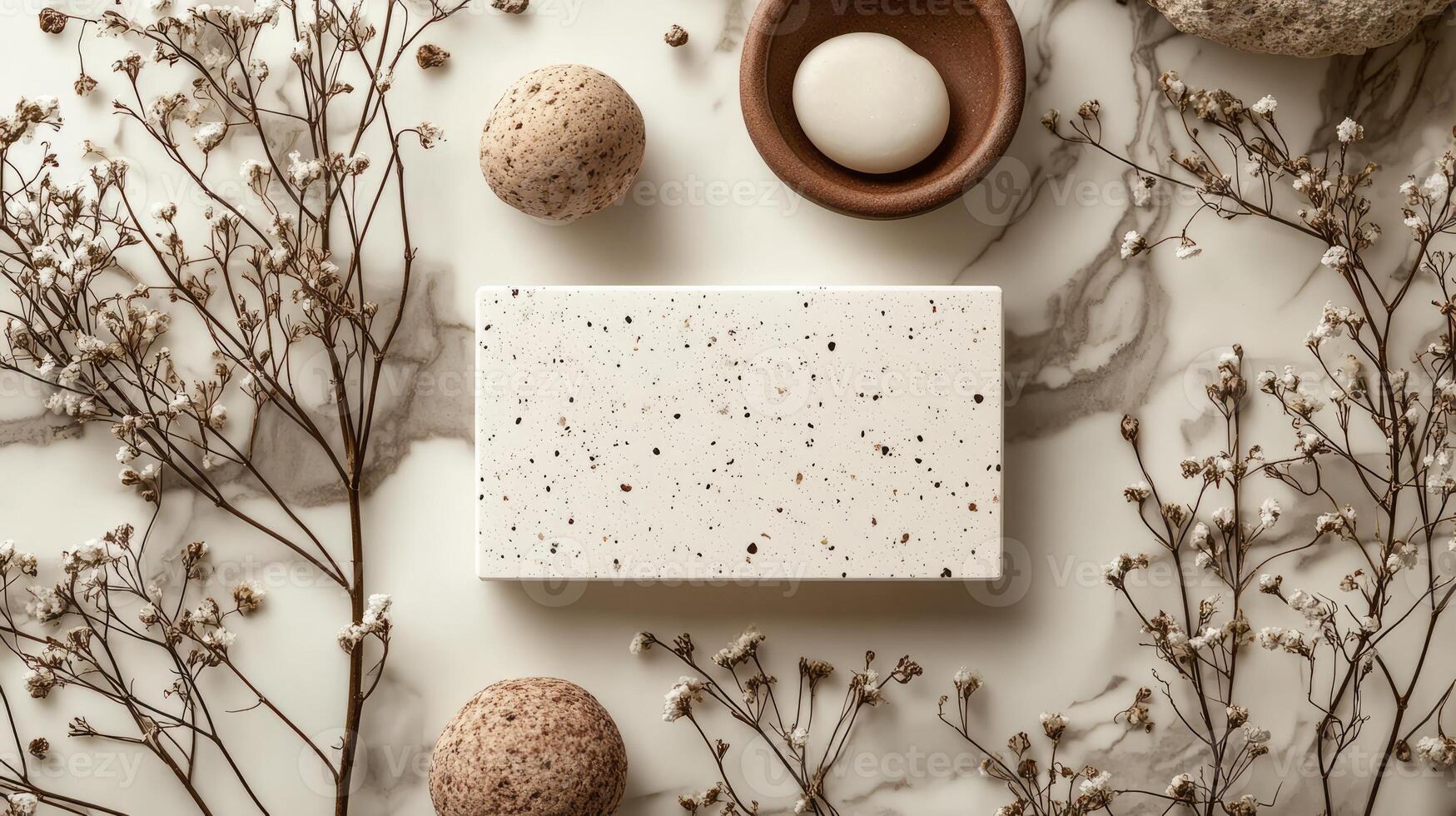 A white square with some eggs and a branch on a marble surface photo