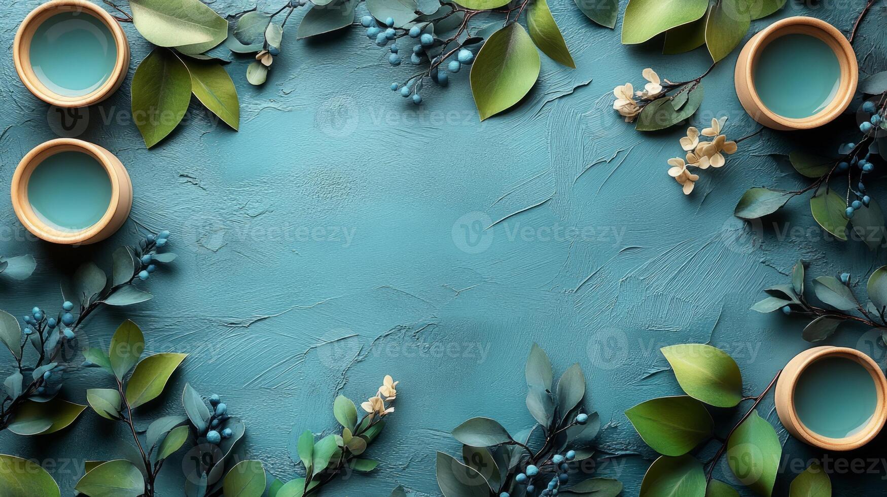 Blue background with green leaves and flowers photo