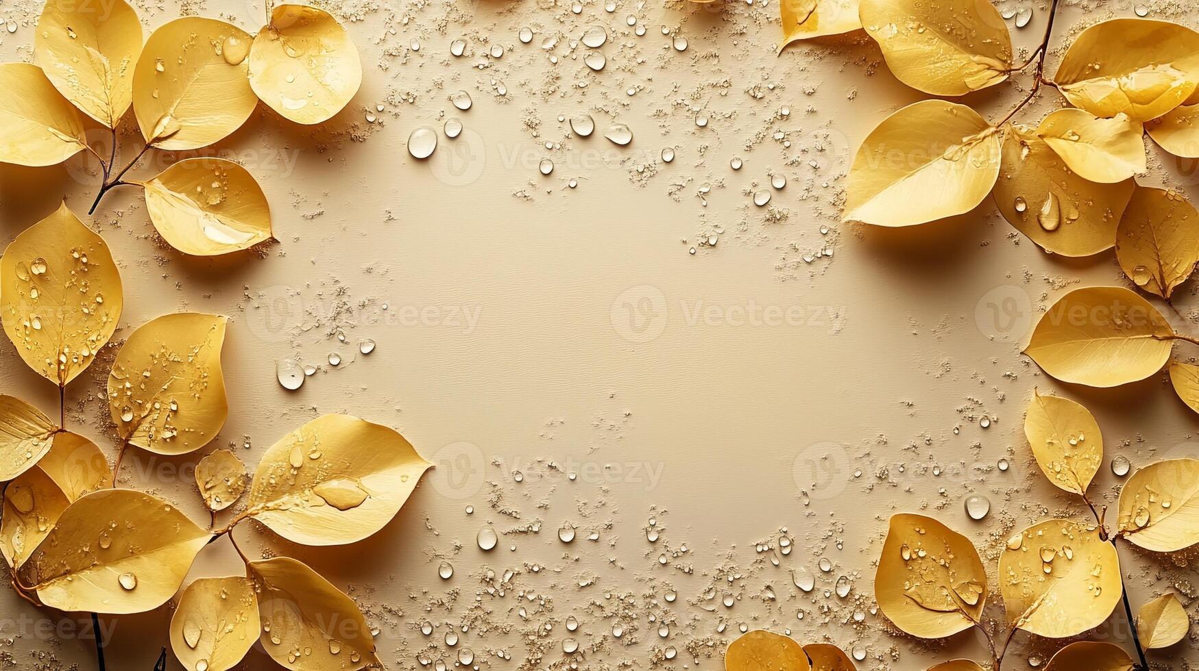 Autumn leaves on a beige background with water drops photo