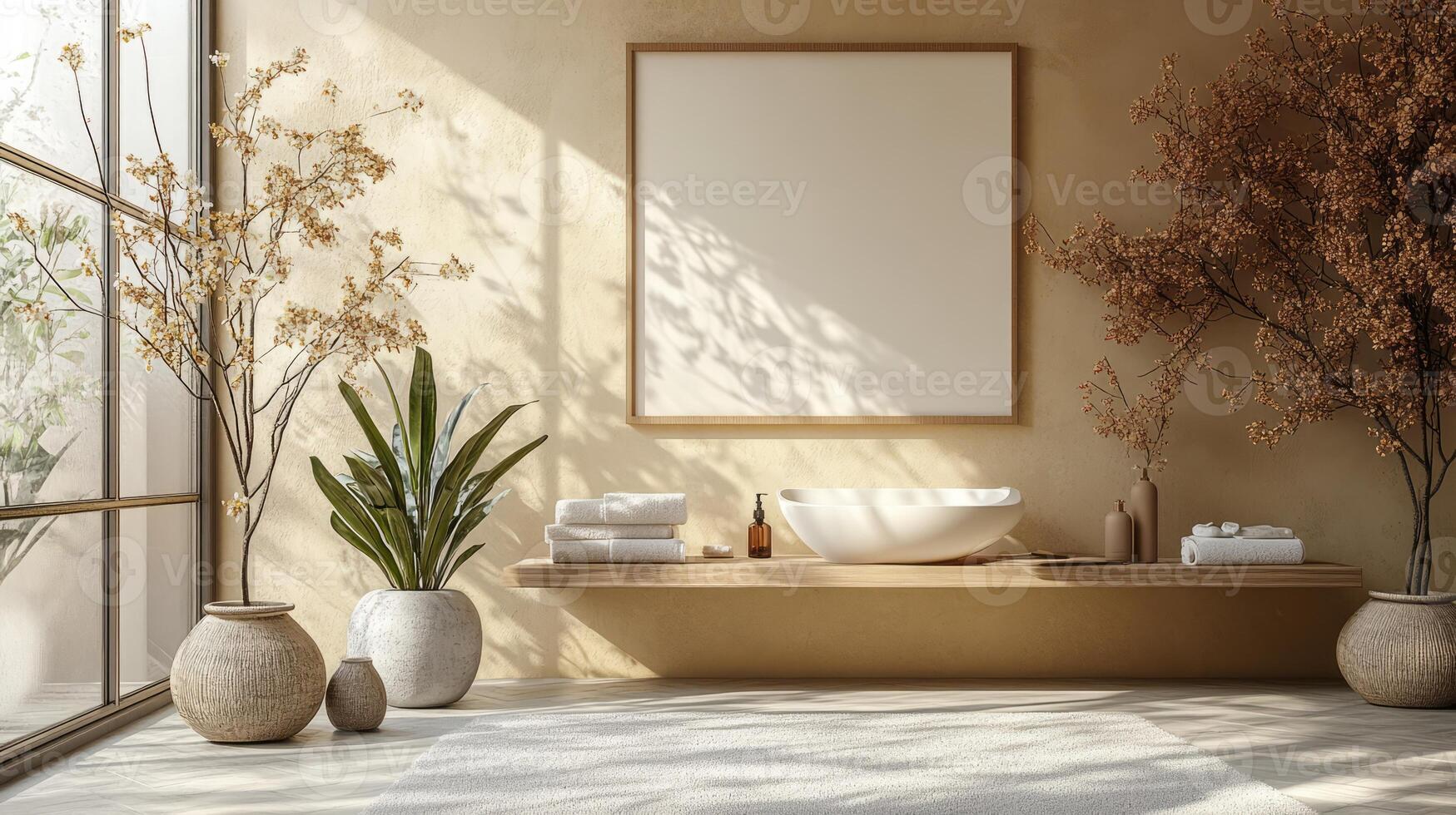 A bathroom with a large window and a sink photo