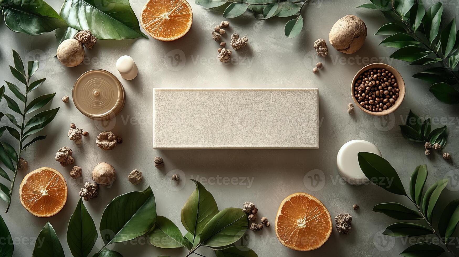 A white square of soap surrounded by oranges, nuts and leaves photo