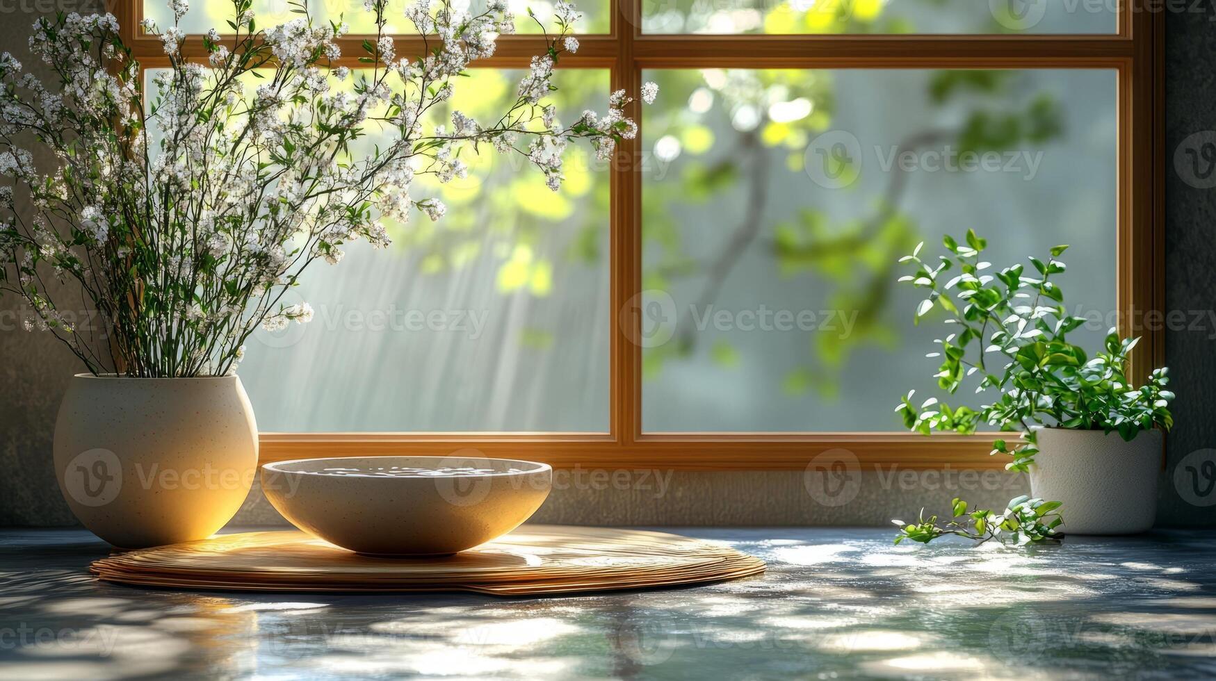 A bowl of water and flowers sit on a table next to a window photo