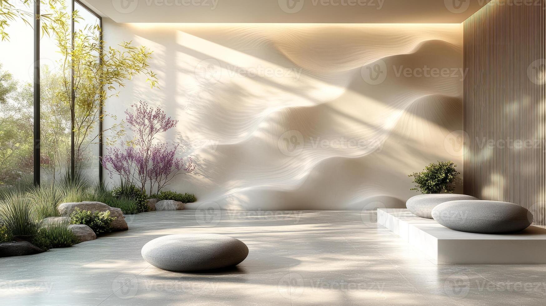 A modern room with a large window and stone benches photo