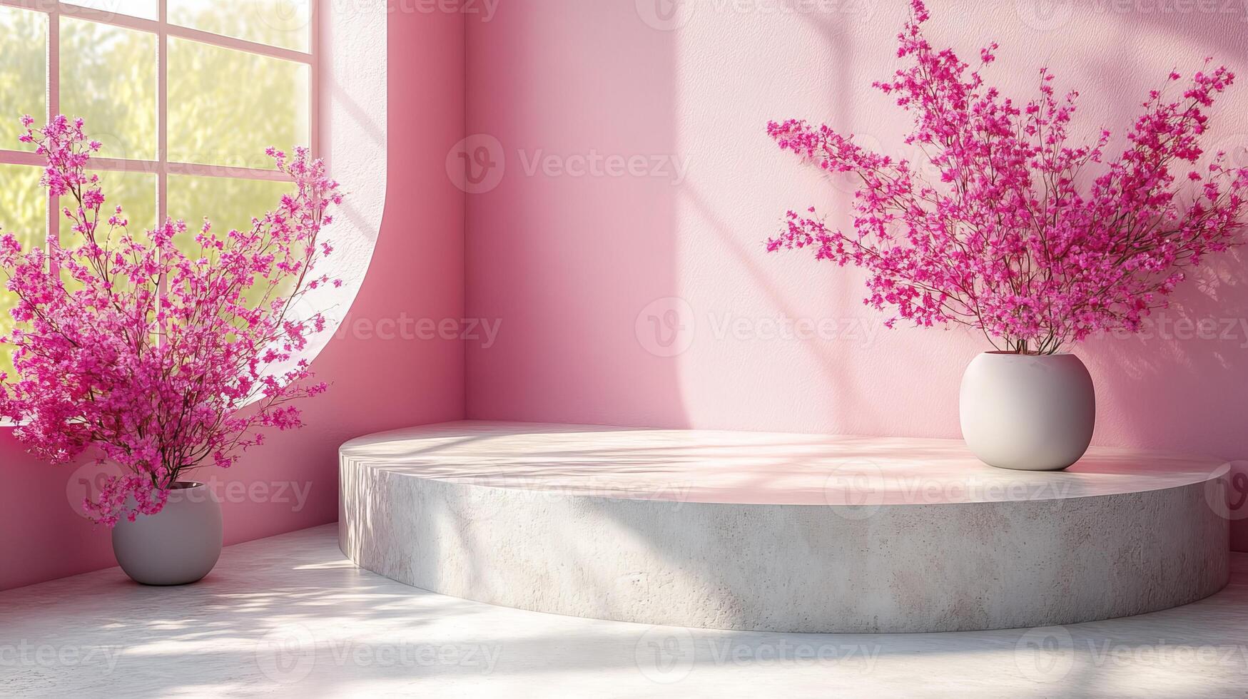 A pink room with two vases of flowers photo