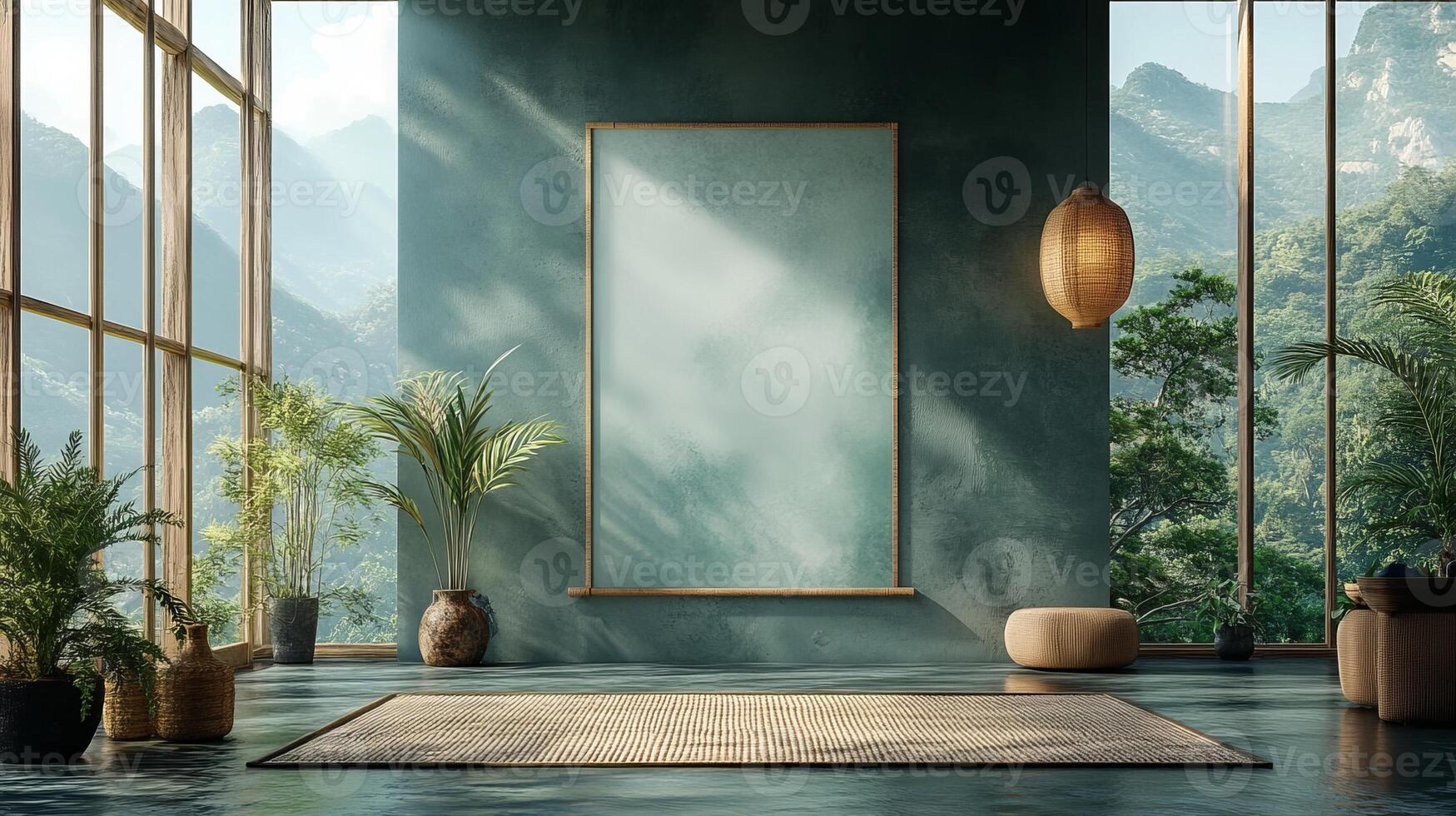 An empty room with a large window and a large mirror photo