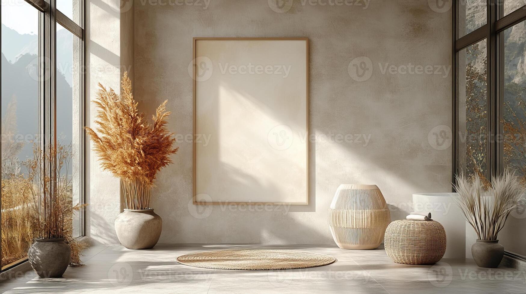 A room with a large window and a vase of plants photo