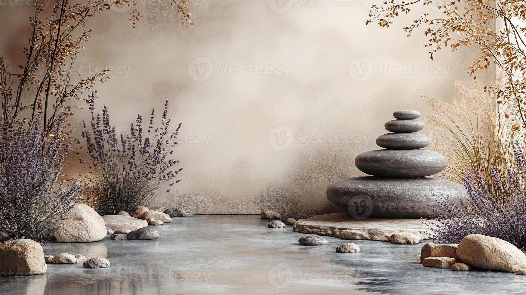 A stone wall with rocks and plants in front of a pond photo