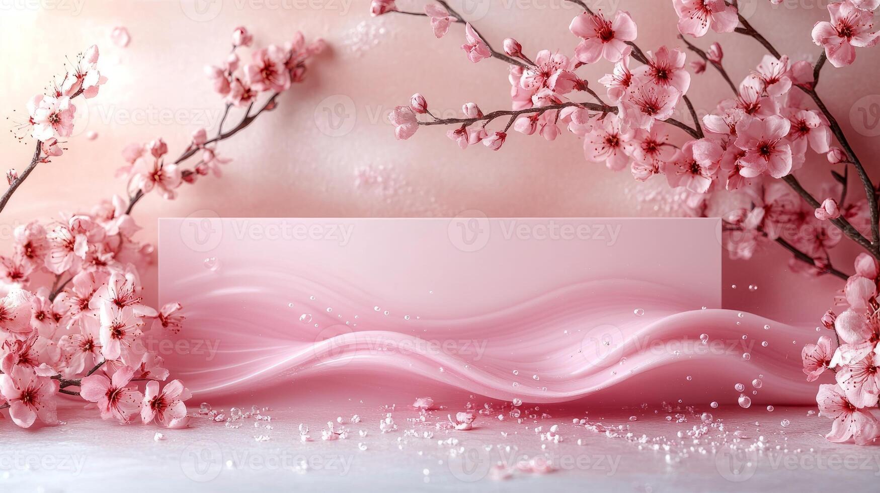 Pink background with a blank card and cherry blossom photo