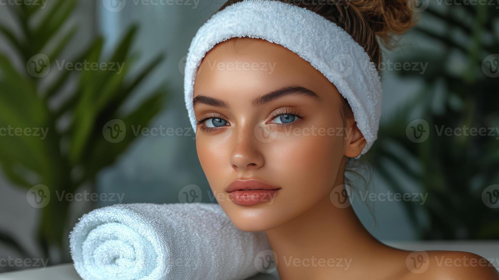 Beautiful woman with towel on her head and a towel on her head photo