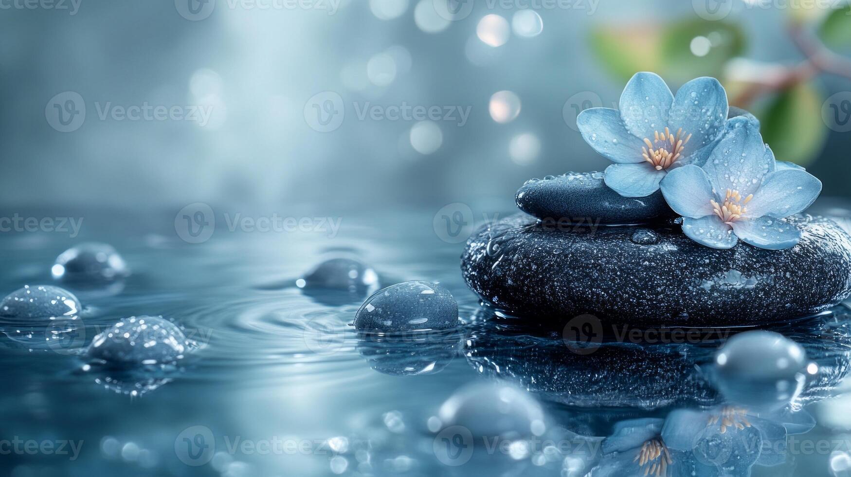 Blue flowers on a stone in water with drops of water photo