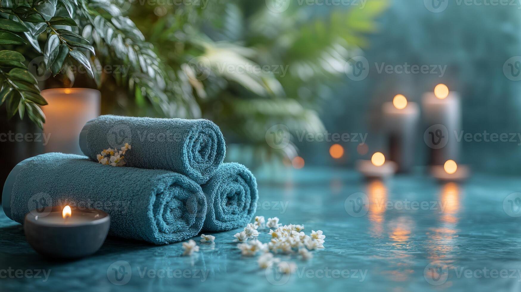Spa towels and candles on a blue background photo
