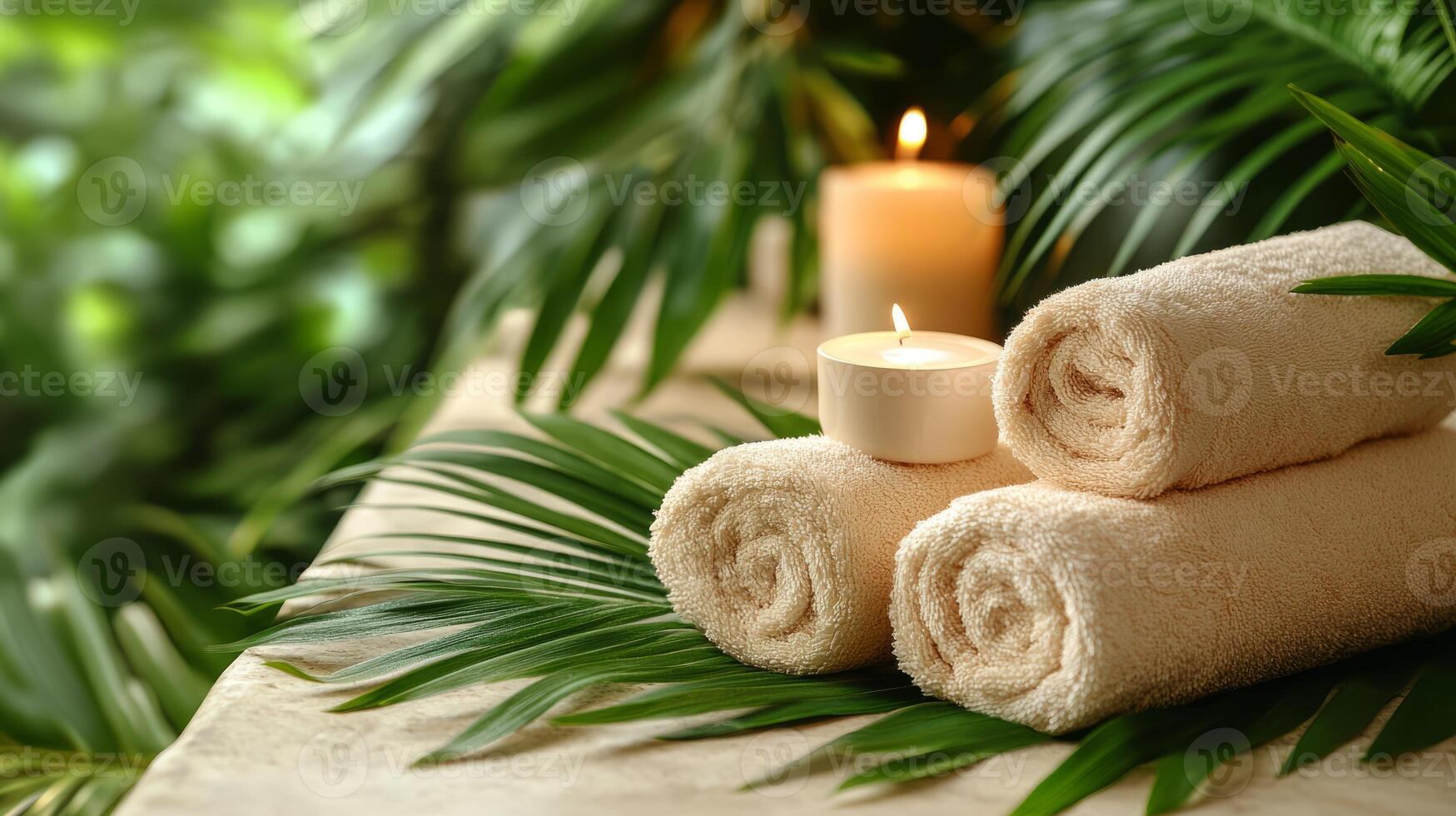 Spa towels and candles on a table photo