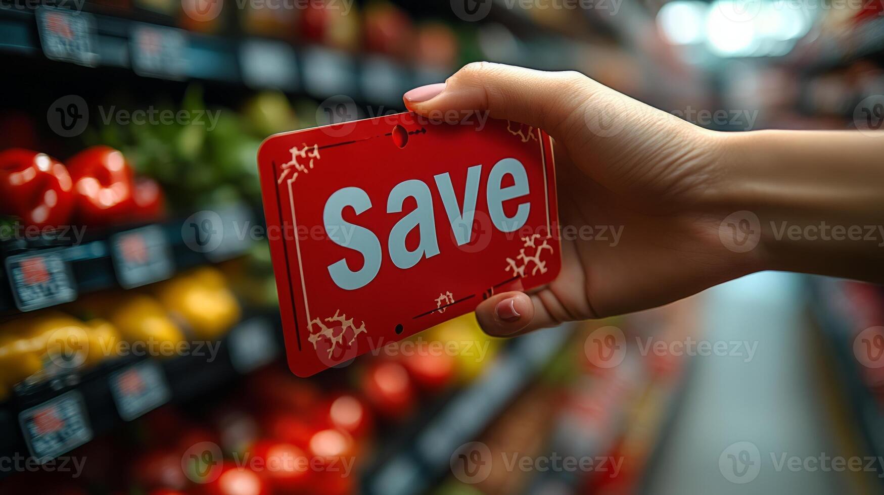 Save sign in supermarket aisle photo