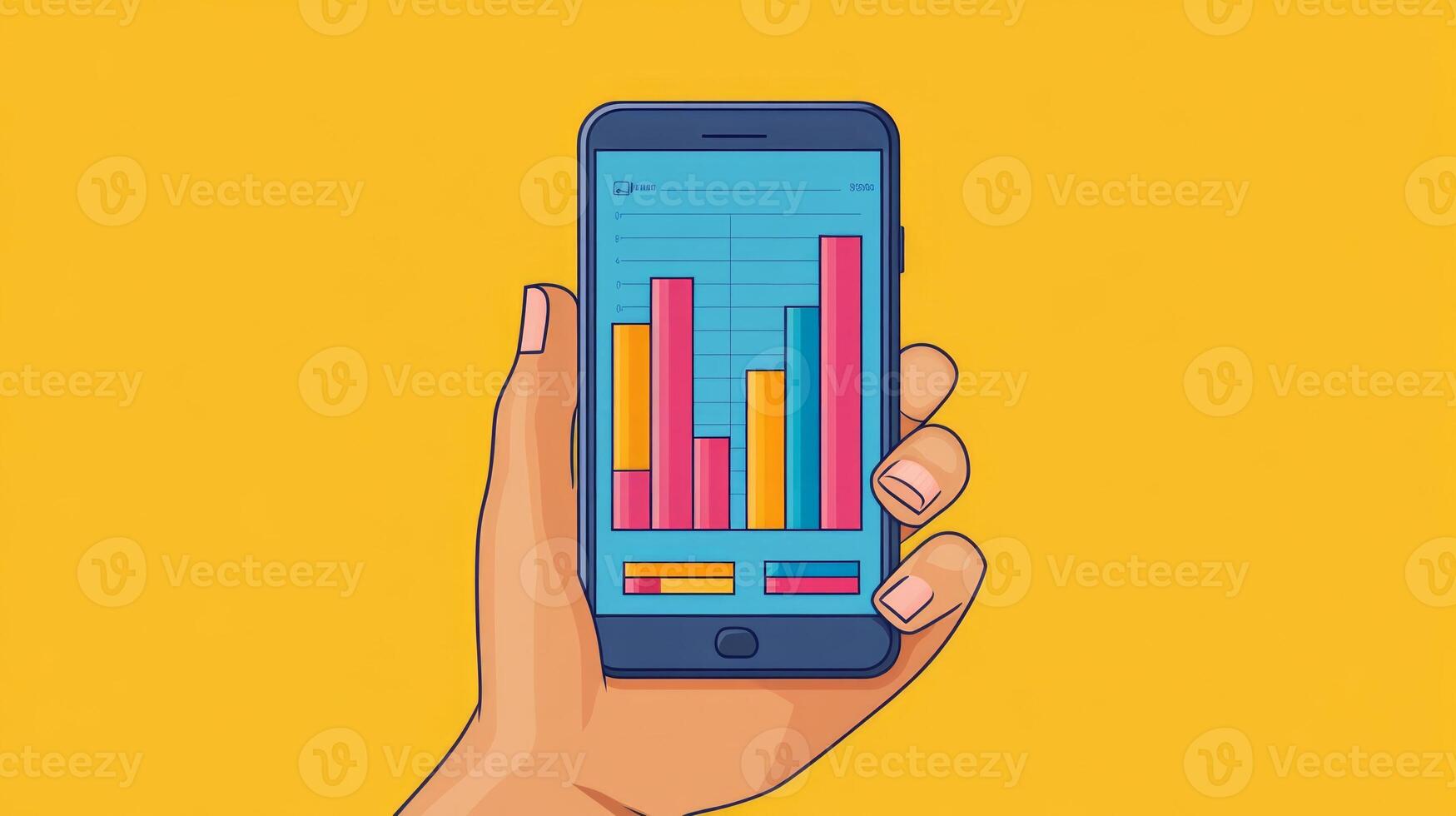 A hand holding a smartphone with a bar chart on it photo