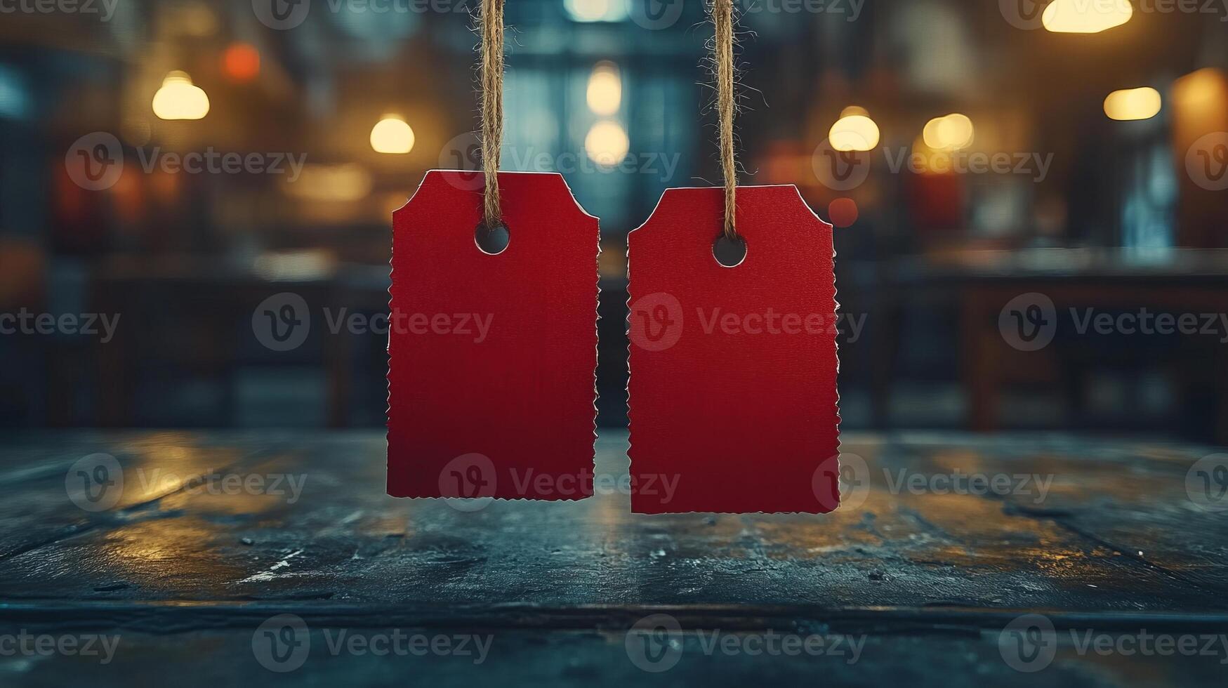 Two red tags hanging from a string on a wooden table photo