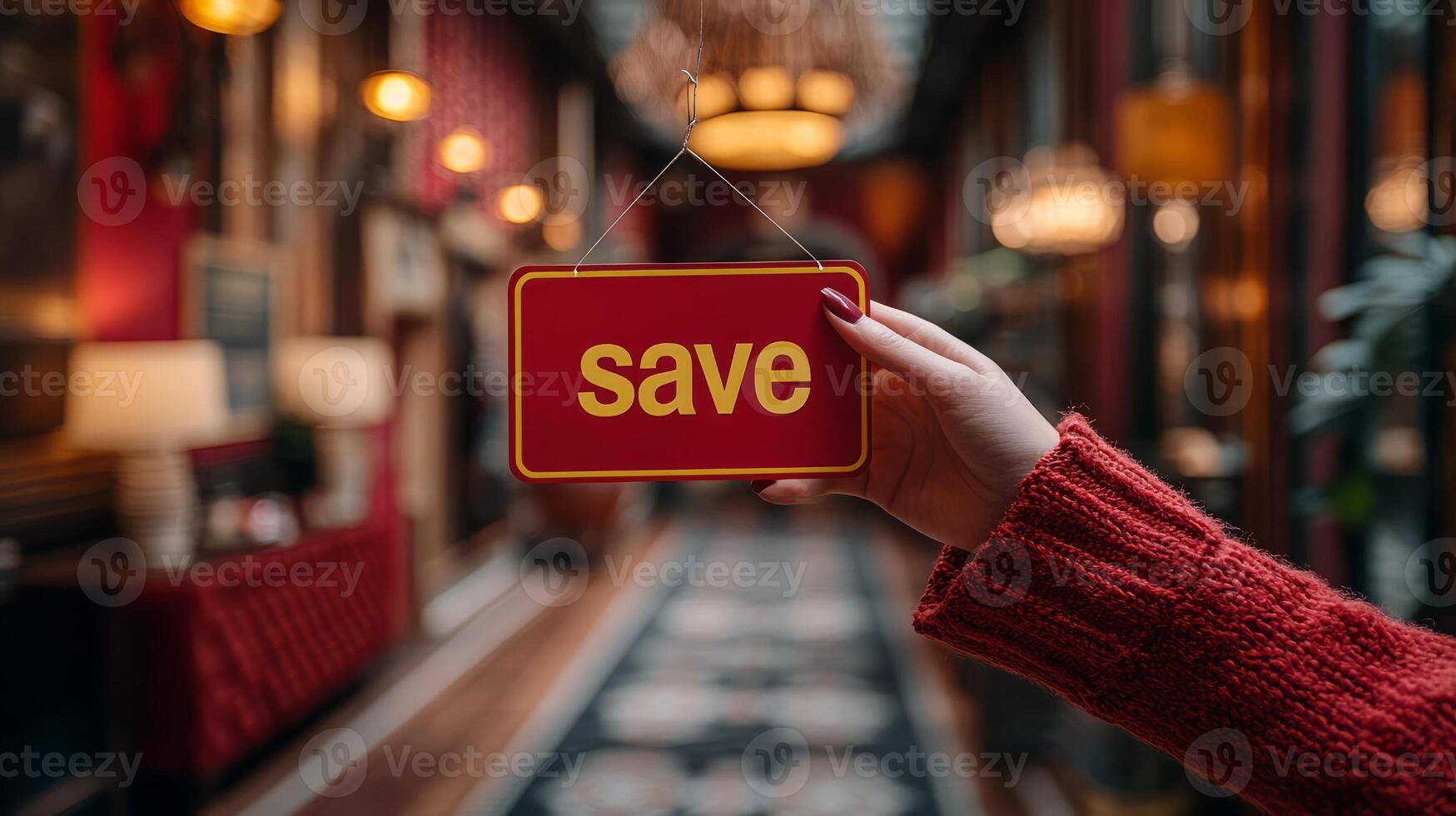 A person holding up a save sign in a hallway photo