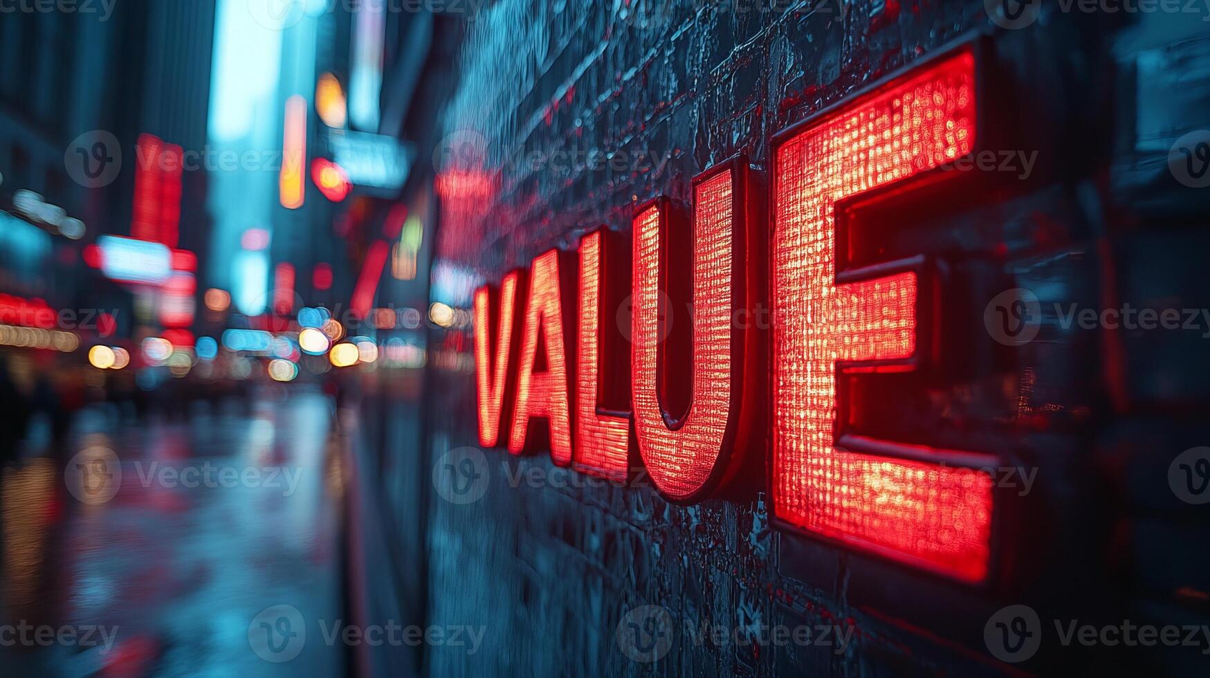 Value is the word that is illuminated in red on a street photo