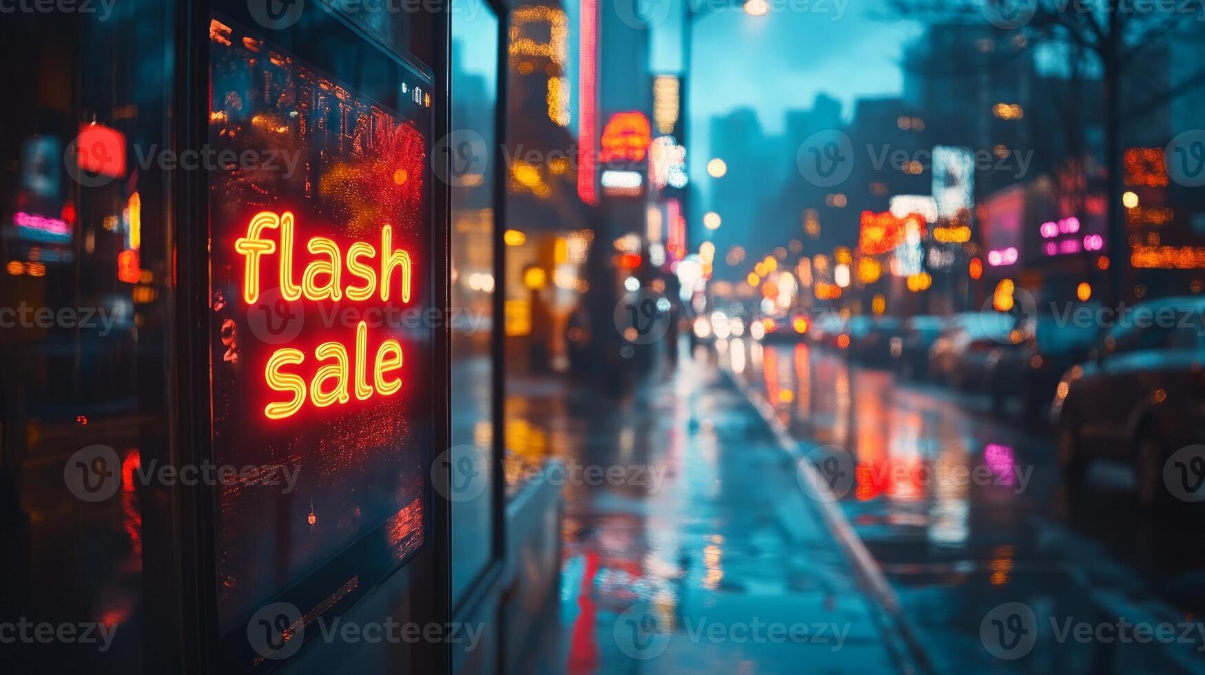 A neon sign that says flash sale on a rainy night photo