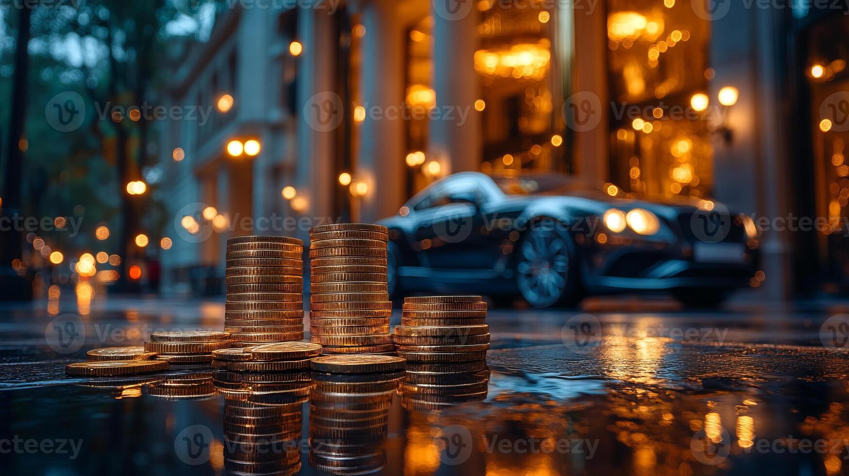 Coins on the street at night with a car in the background photo