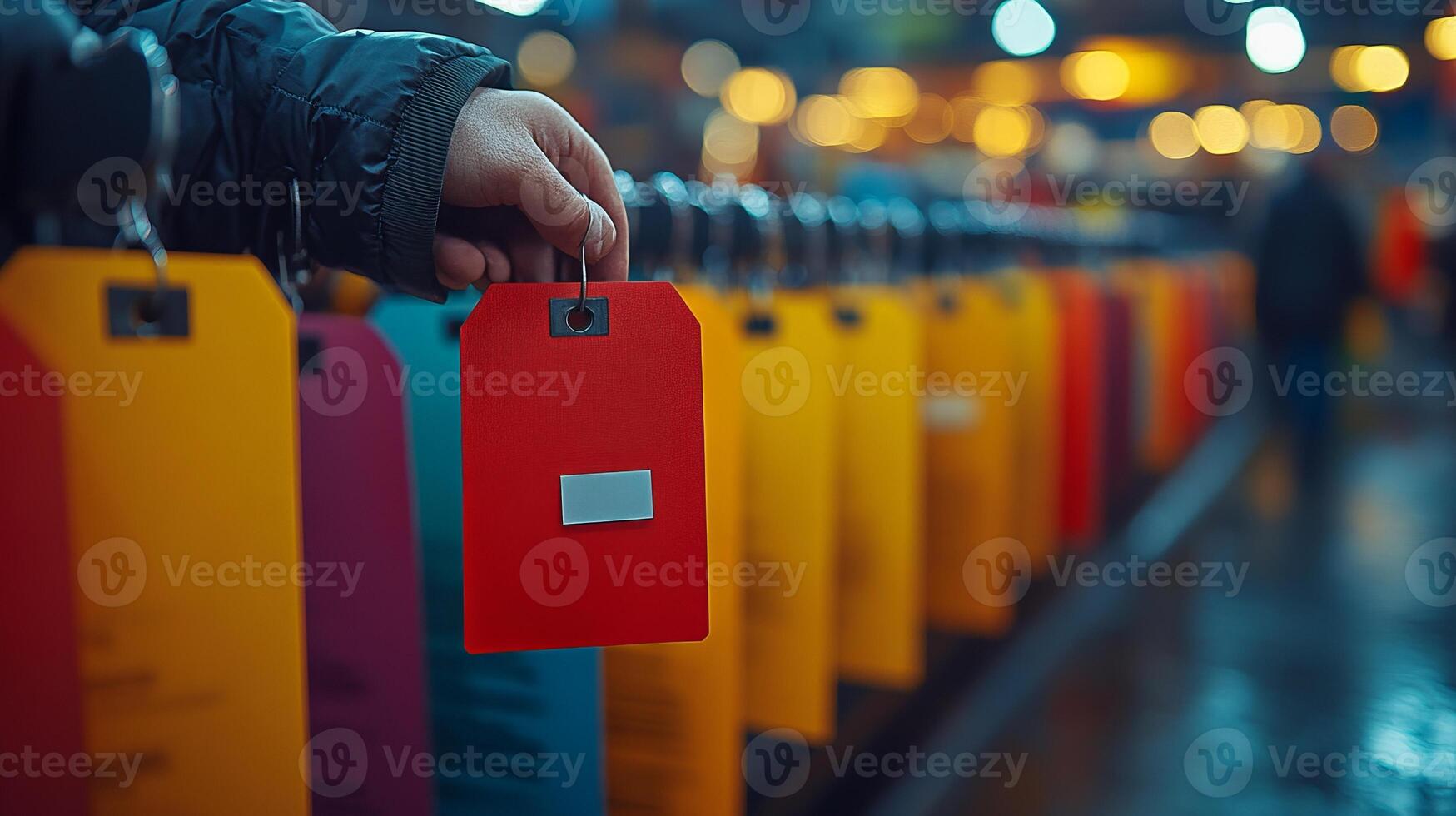 A person holding a red tag on a line of red and yellow tags photo