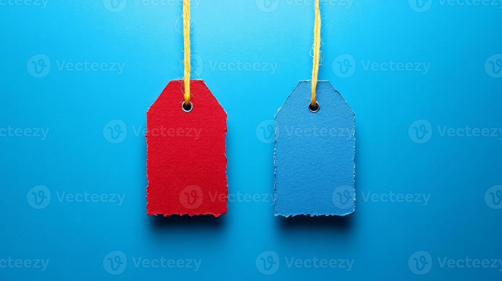 Two red and blue price tags hanging from a string photo