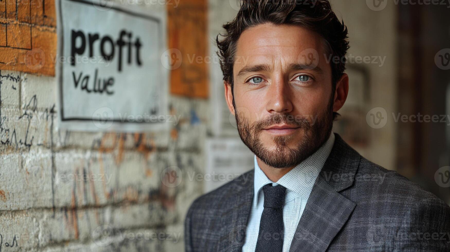 A man in a suit and tie standing in front of a brick wall photo
