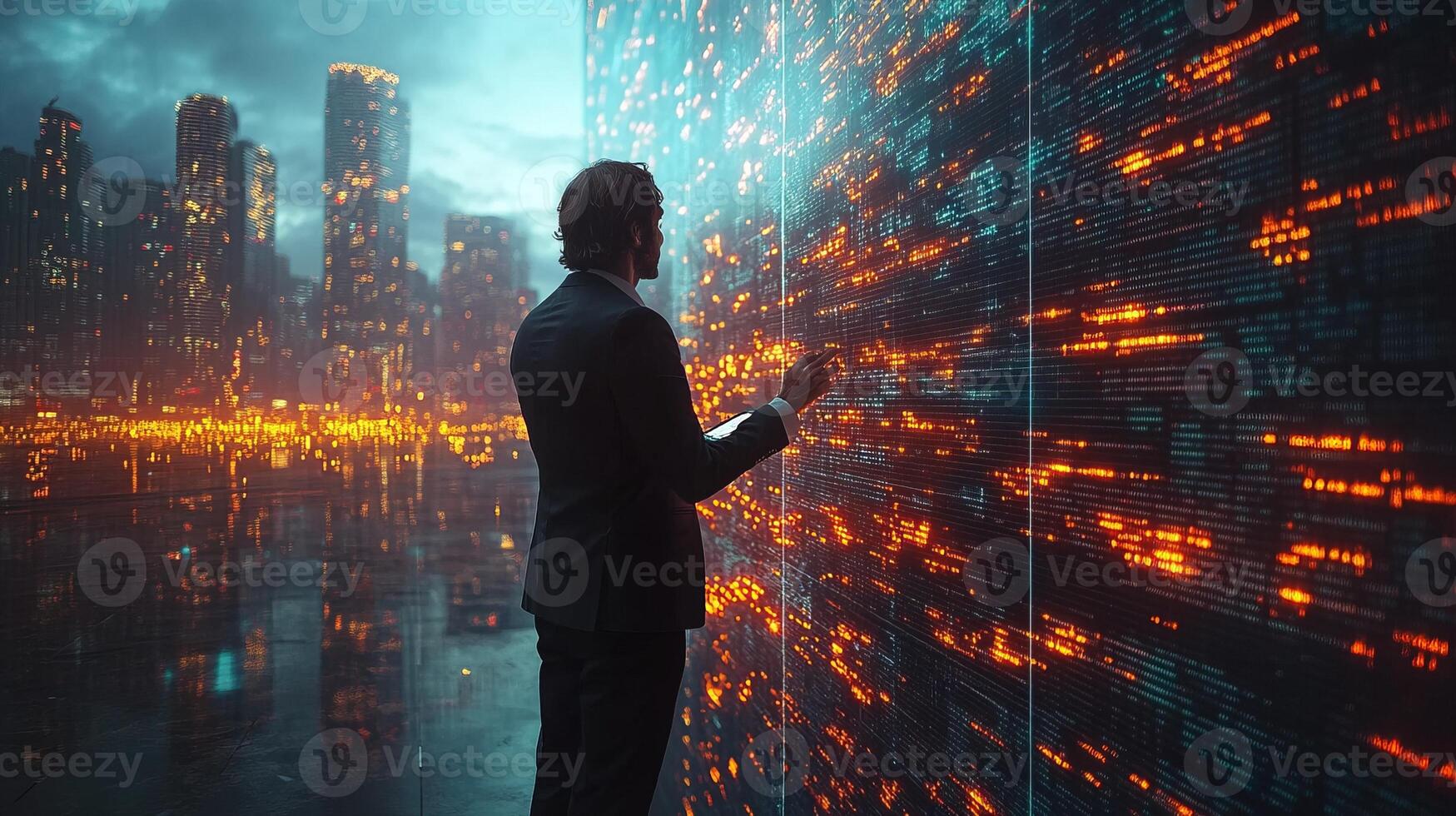 A man in a suit is looking at a cityscape with binary code photo