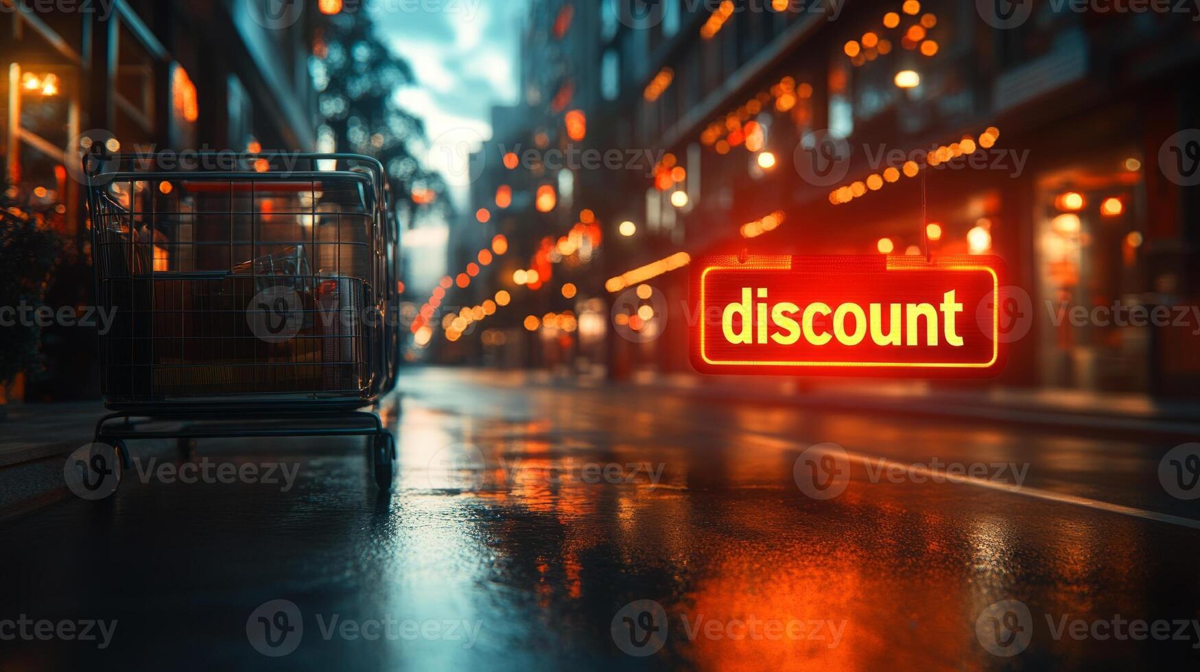Discount sign on the street at night photo